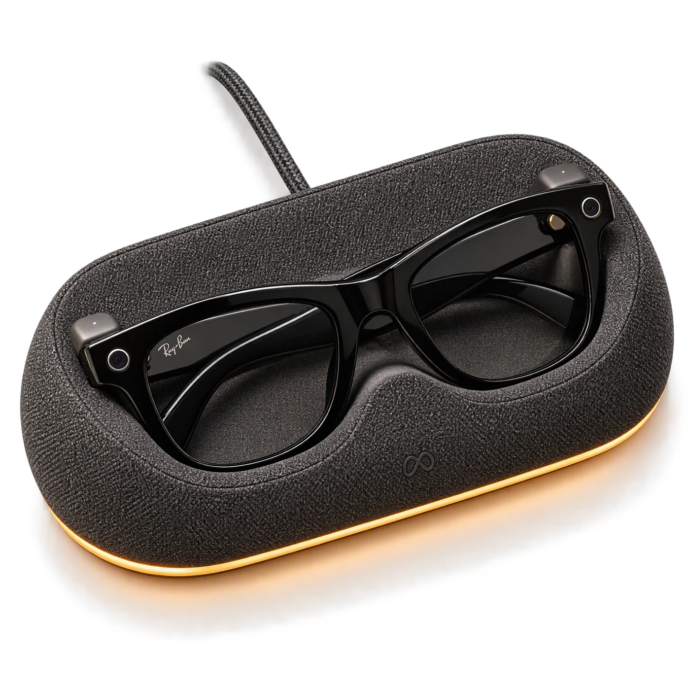 OKO Deck — wool-wrapped charging dock holding smart glasses, amber LED glow